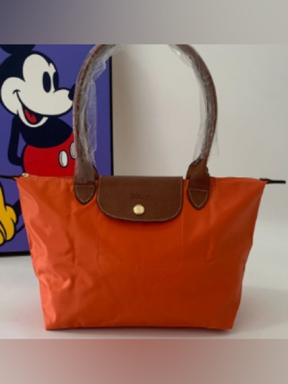 Longchamp Orange Tote with Brown Trim